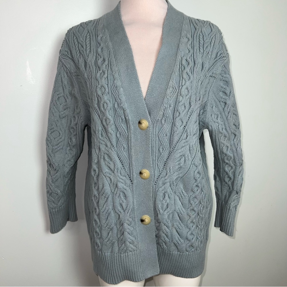 Vince Light Sea Stone Blue Cable Knit Button Front Cardigan Sweater Size Small